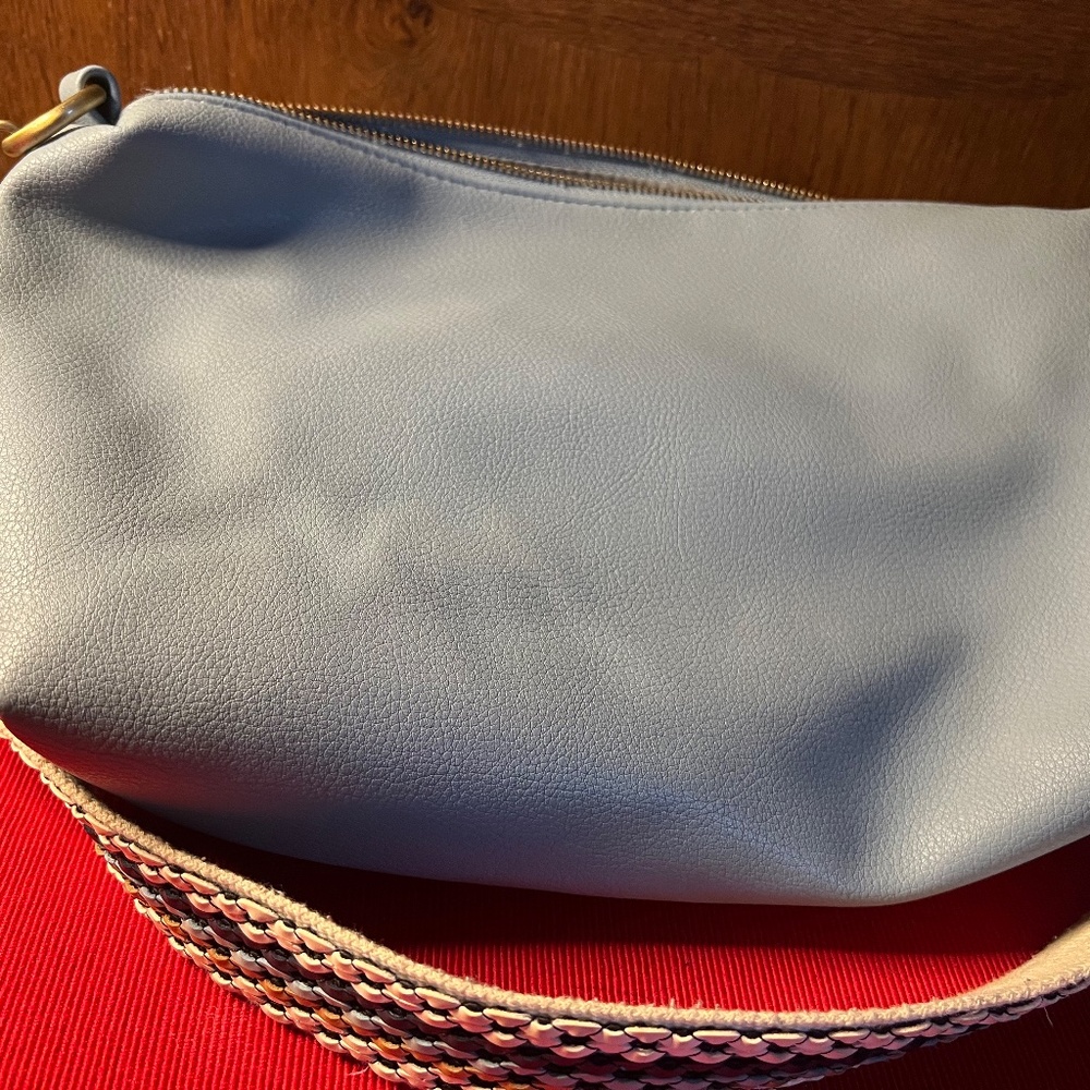 Sky Blue  Lined Purse, with a Wide Multicolored Detachable Strap - Picture 2 of 3